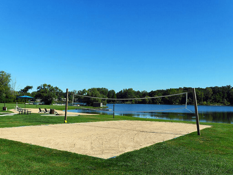 beach volleyball available at lamberton lake apartments